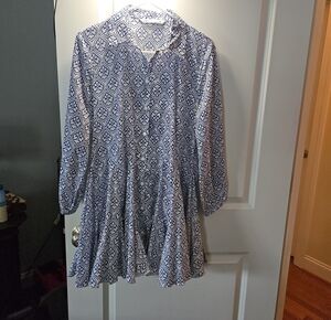 Zara Navy & White Printed Long Sleeve Shirt Dress